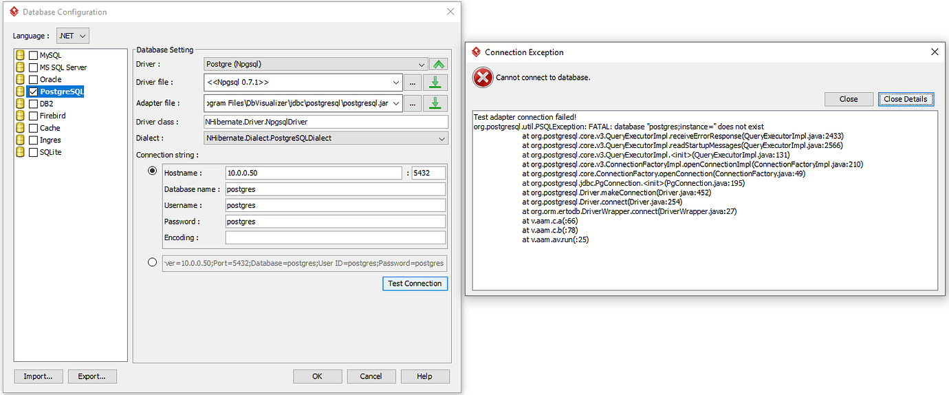 visual paradigm cannot connect to database